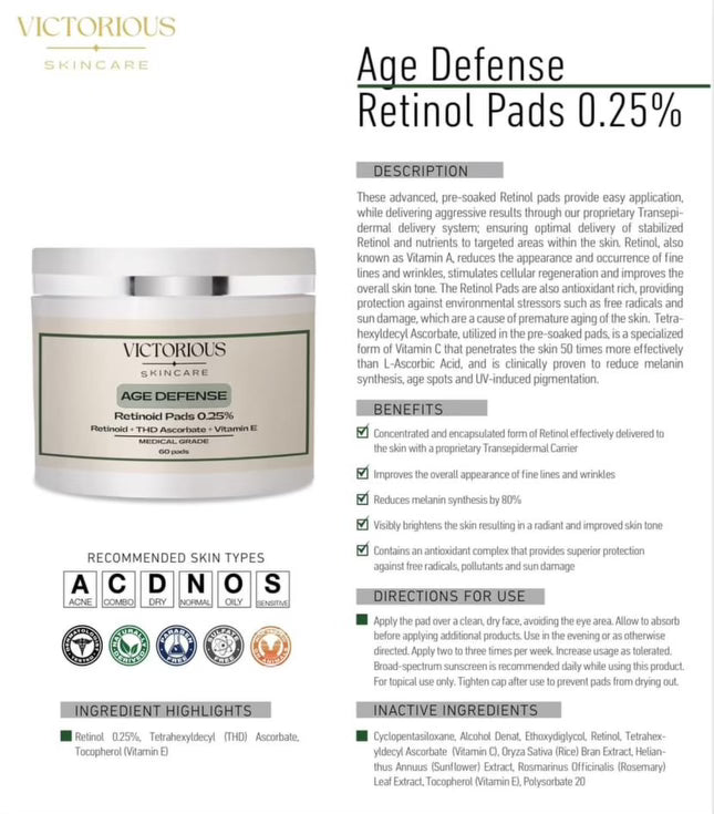 Victorious Age Defense Retinol Pads 0.25%