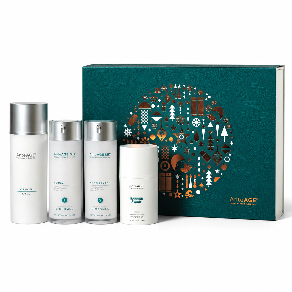 AnteAGE MD Holiday Essentials kit with Cleanser, MD Serum, MD Accelerator and Barrier Repair beside the teal holiday gift box