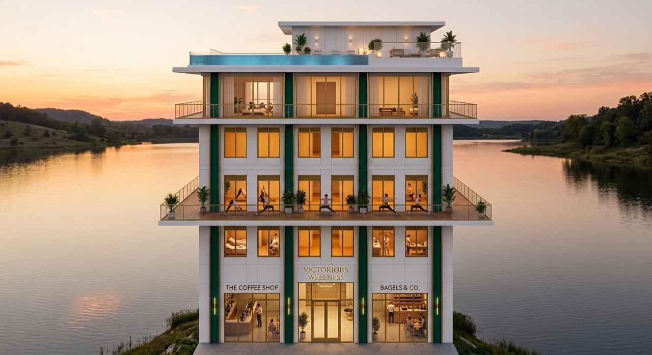 Concept visualization of a future waterfront Victorious Wellness building